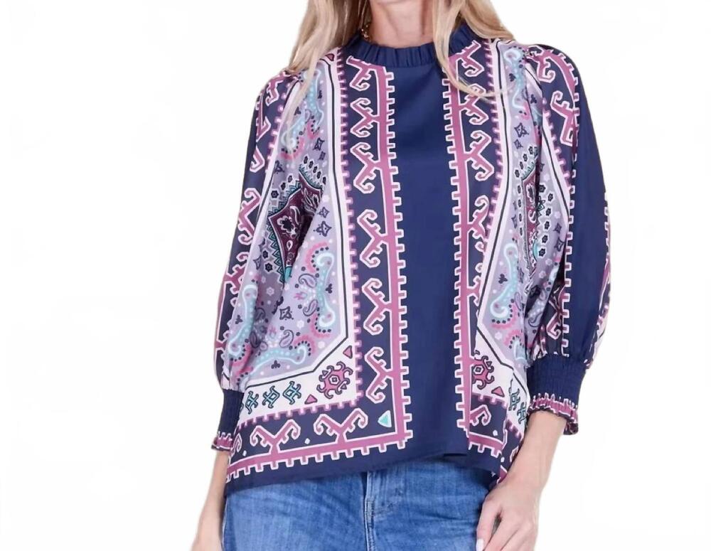 NEW JOY JOY mosaic high-neck blouse in blue hues